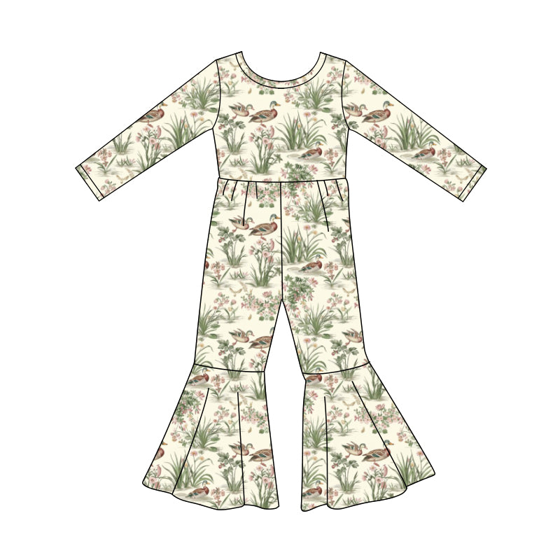 Preorder (moq 5)Baby Girls Long Sleeve Ducks Flowers Bell Bottom Jumpsuits