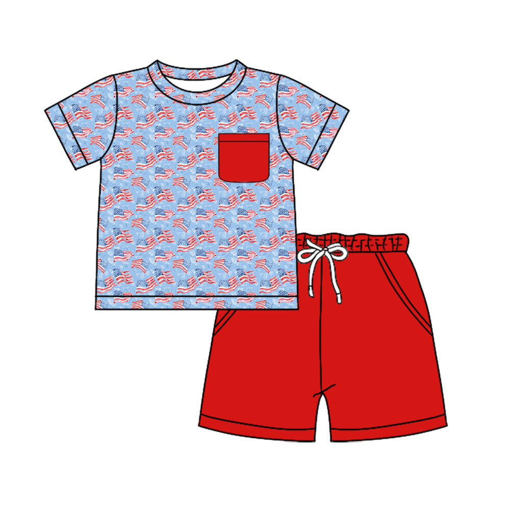 Preorder (moq 5)Baby Boys Flags 4th Of July Pocket Shirt Top Shorts Clothes Sets