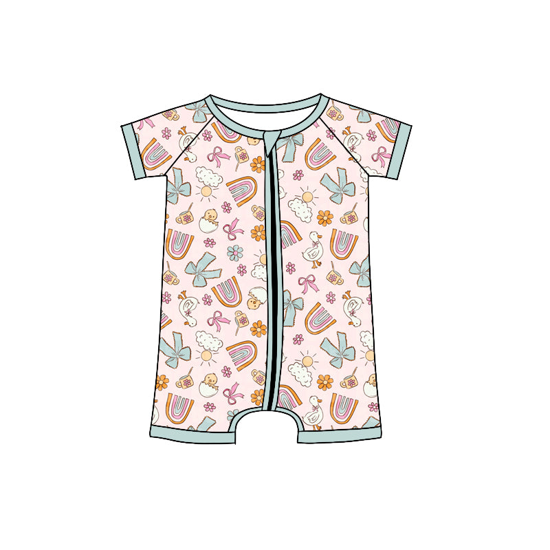 Preorder (moq 5)Baby Girls Gooses Rainbows Flowers Bows Zipper Shorts Rompers