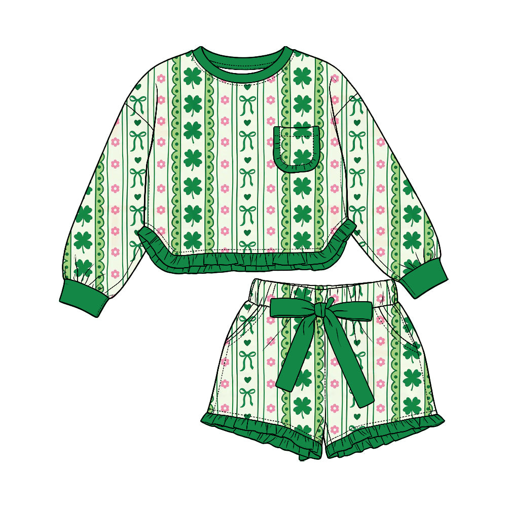 Preorder (moq5) Baby Girls Clovers Bows Stripe Pocket Top Ruffle Bow Short St Patrick Set