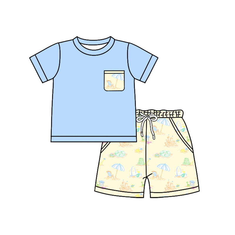 Preorder (moq 5)Baby Boys Light Blue Short Sleeves Pocket Top Beach Short Sets Preorder
