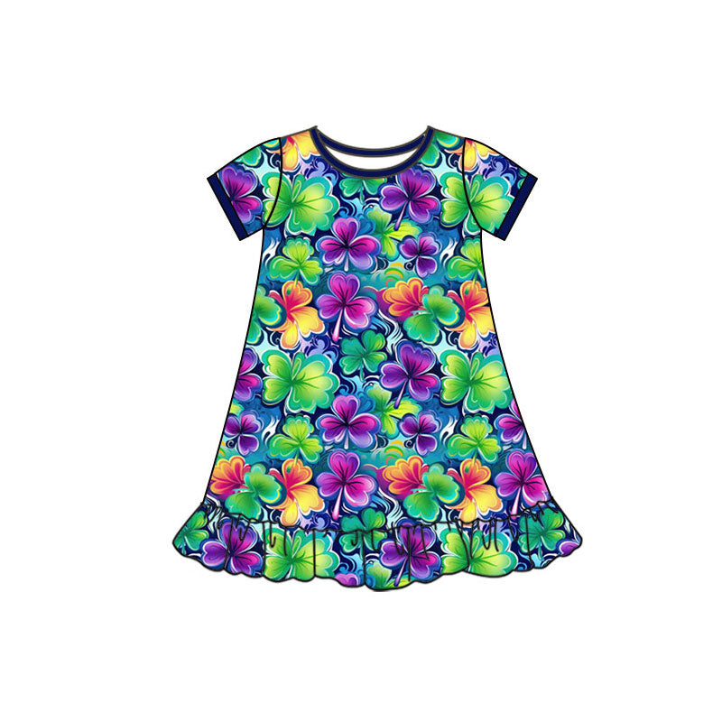 Preorder(moq 5) Baby Girls Short Sleeve Colorful Clovers St Patrick Ruffle Knee Length Dresses