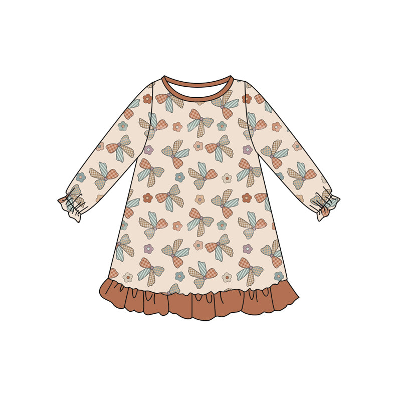 Preorder (moq 5)Baby Girls Long Ruffle Sleeves Khaki Bows Flowers Plaid Knee Length Dresses