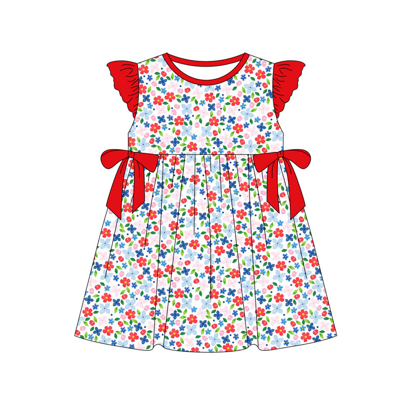 Preorder (moq 5)Baby Girls Flutter Sleeve Blue Red Flowers 4th of July Knee Length Dresses