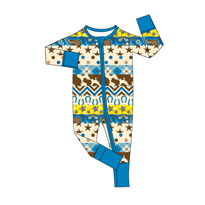 Preorder (moq 5)Baby Girls Hot Blue Long Sleeves Stars Aztec Stripes Zipper Rompers