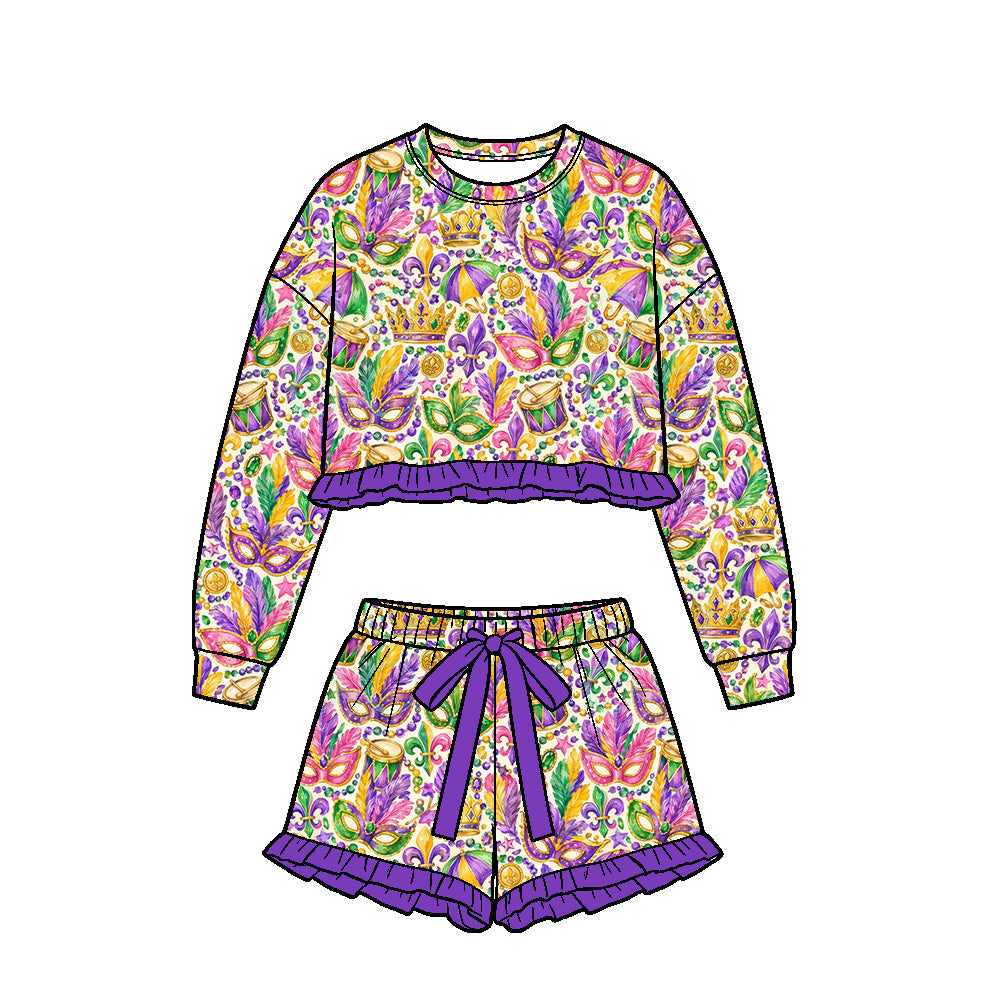 Preorder (moq 5) Baby Girls Crowns Masks Long Sleeve Top Ruffle Short Mardigras Set