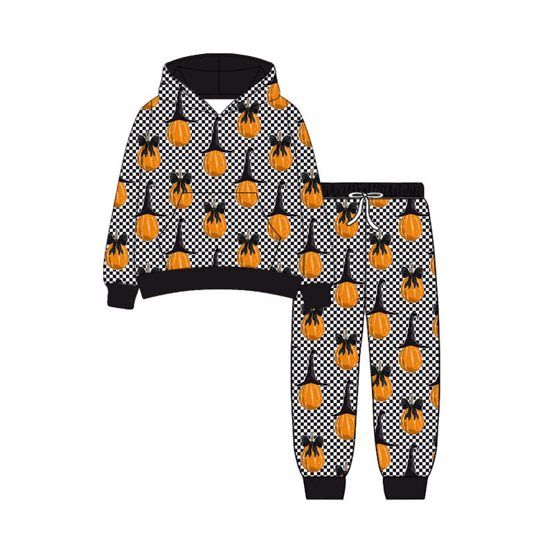 Preorder (moq 5)Baby Girls Black Checked Hat Bows Pumpkins Pockets Hoodies Jogger Halloween Clothes Sets