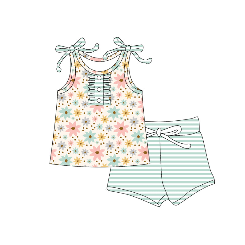 Preorder moq 5 Baby Girls Strap Button Colorful Flowers Tunic Aqua Stripe Short Set