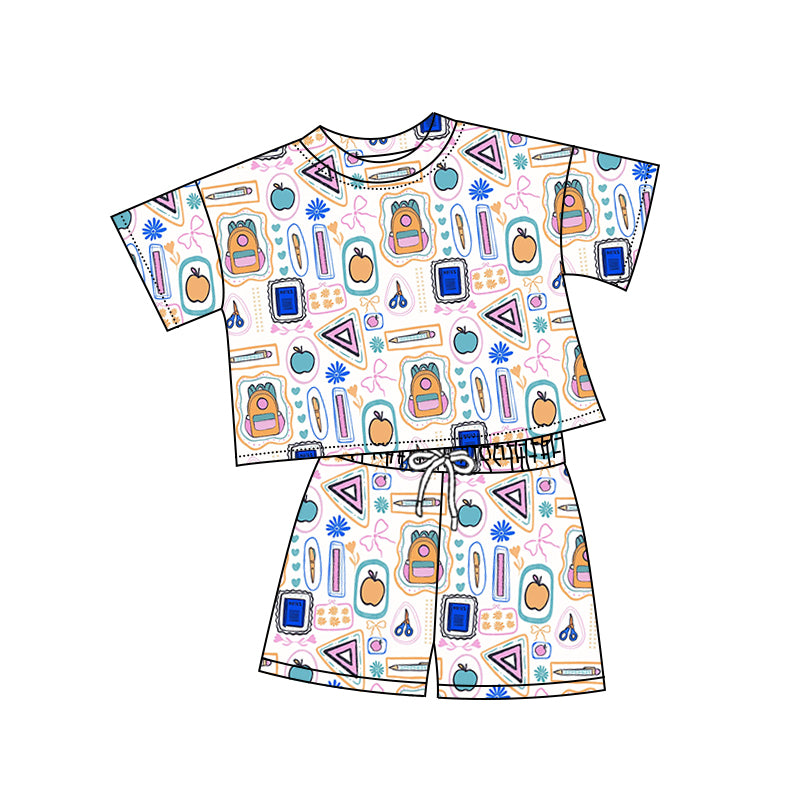 Preorder (moq 5)Baby Girls Apples Pencils Top Shorts Back to School Clothes Sets