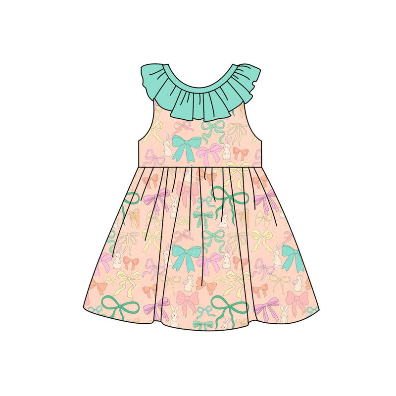 Preorder (moq 5)Baby Girls Sleeveless Colorful Bows Rabbits Easter Knee Length Dresses
