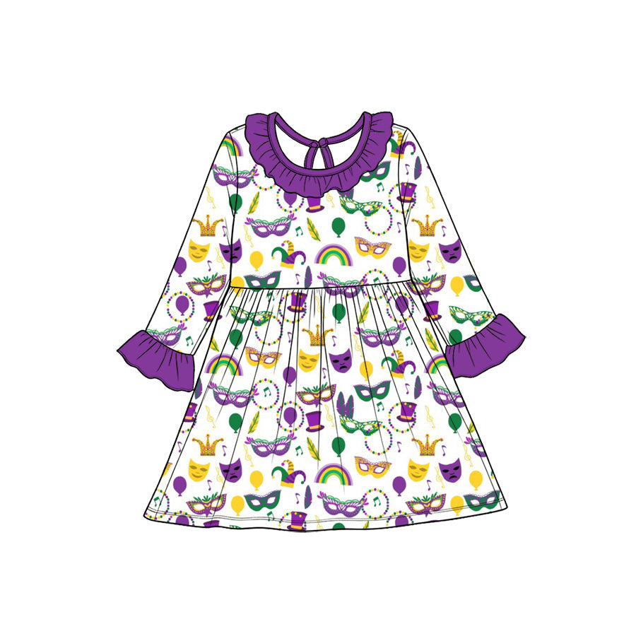 Preorder(moq5) Baby Girl Clothes Mardi Gras Party Mask Balloon Print Long Sleeve Purple Ruffle Collar Dress