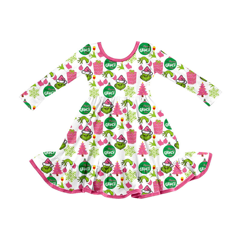 Preorder (moq 5)Baby Girls Green Faces Lights Christmas Ruffle Knee Length Dresses