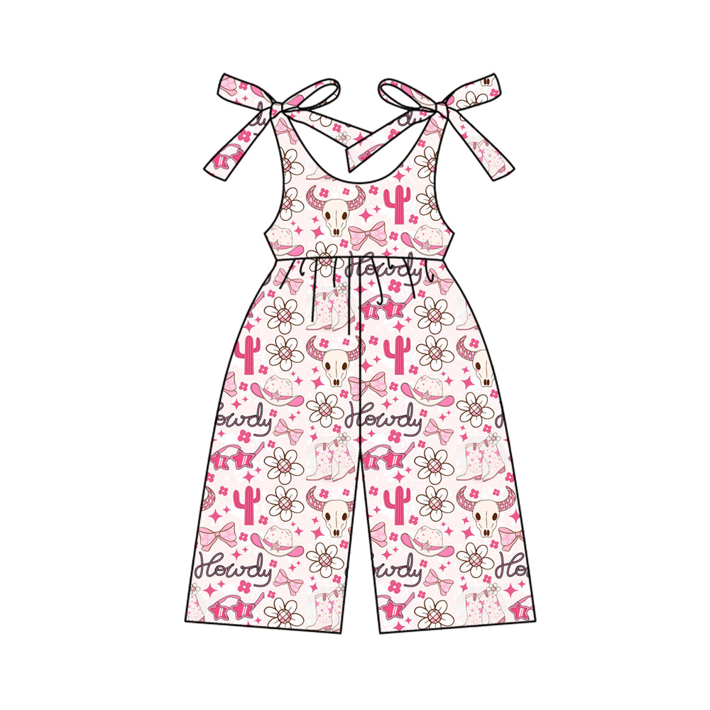 Preorder (moq 5)Baby Girls Bows Strap Bull Skull Flowers Howdy Pant Jumpsuits