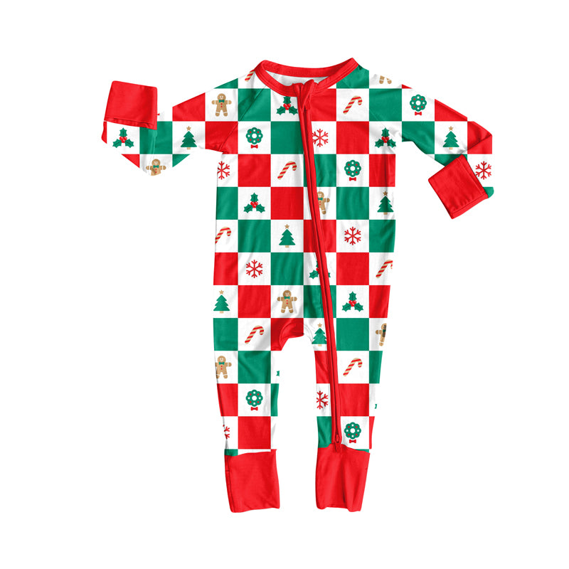 Preorder moq 5 Baby Infant Boys Long Sleeves Gingerbread Trees Red Green Plaid Zipper Romper