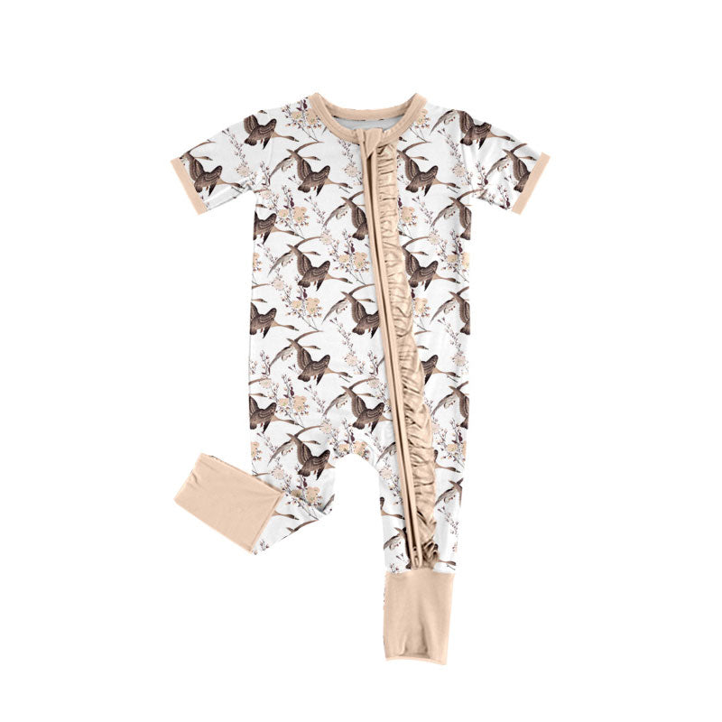 Preorder (moq 5) Baby Girl Clothes Pheasant Floral Mixed Print Short Sleeve Zipper Ruffle Romper