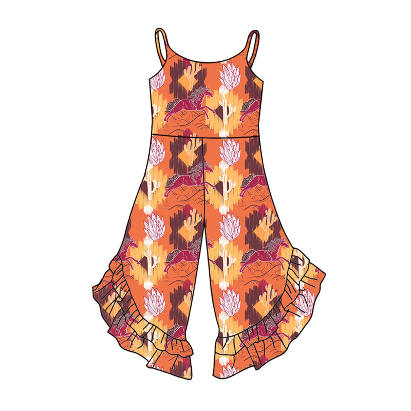 Preorder (moq 5)Baby Girls Orange Strap Aztec Cactus Ruffle Jumpsuits
