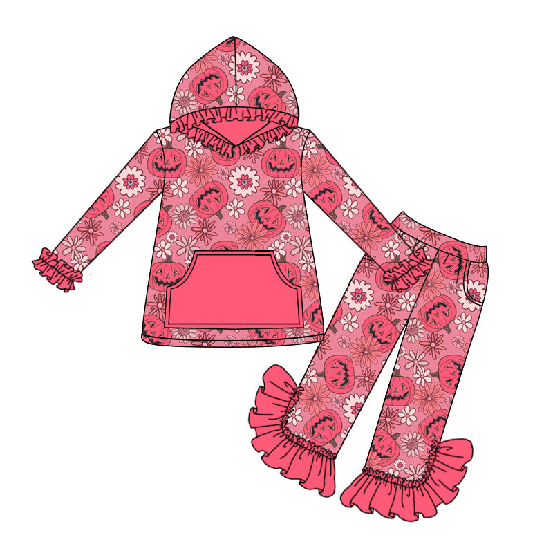 Preorder (moq 5)Baby Girls Red Long Ruffle Sleeves Ghost Pumpkins Flowers Pocket Hoodies Pant Set