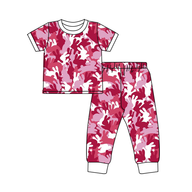 Pre-order(moq5) Baby Girls’ Easter Red Crewneck Short-Sleeve Bunny Elastic-Waist Set