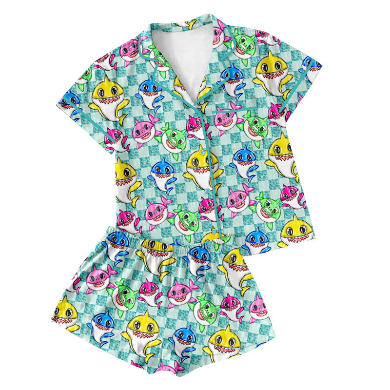 Preorder(moq 5)Adult Women Aqua Plaid Cartoon Sharks Buttons Pocket Tee Shirts Shorts Pajamas Sets