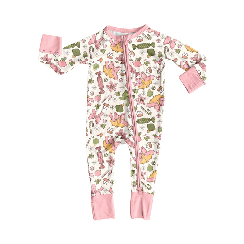 Preorder (moq 5)Baby Girls Long Sleeves Pink Bows Holly Candy Zipper Romper