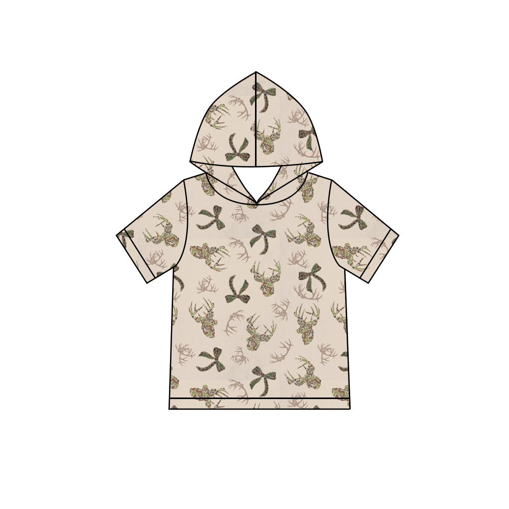 Preorder (moq 5) Baby Boy Clothes Camo Deer Antler Bow Print Short Sleeve Hooded Tee