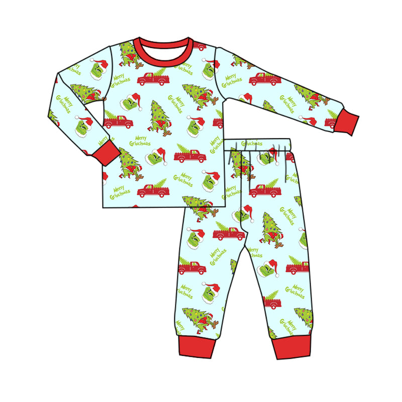 Preorder(moq 5) Baby Boys Long Sleeves Trucks Trees Green Face Top Pants Pajamas Set
