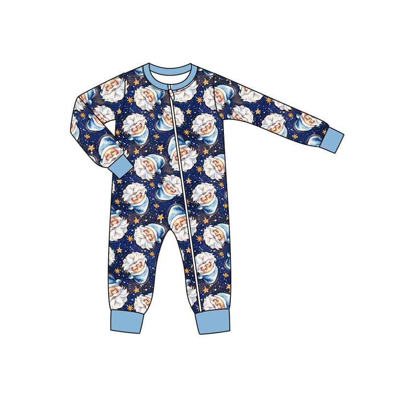 Preorder moq 5 Baby Infant Boys Navy Long Sleeves Stars Santa Plaid Zipper Romper