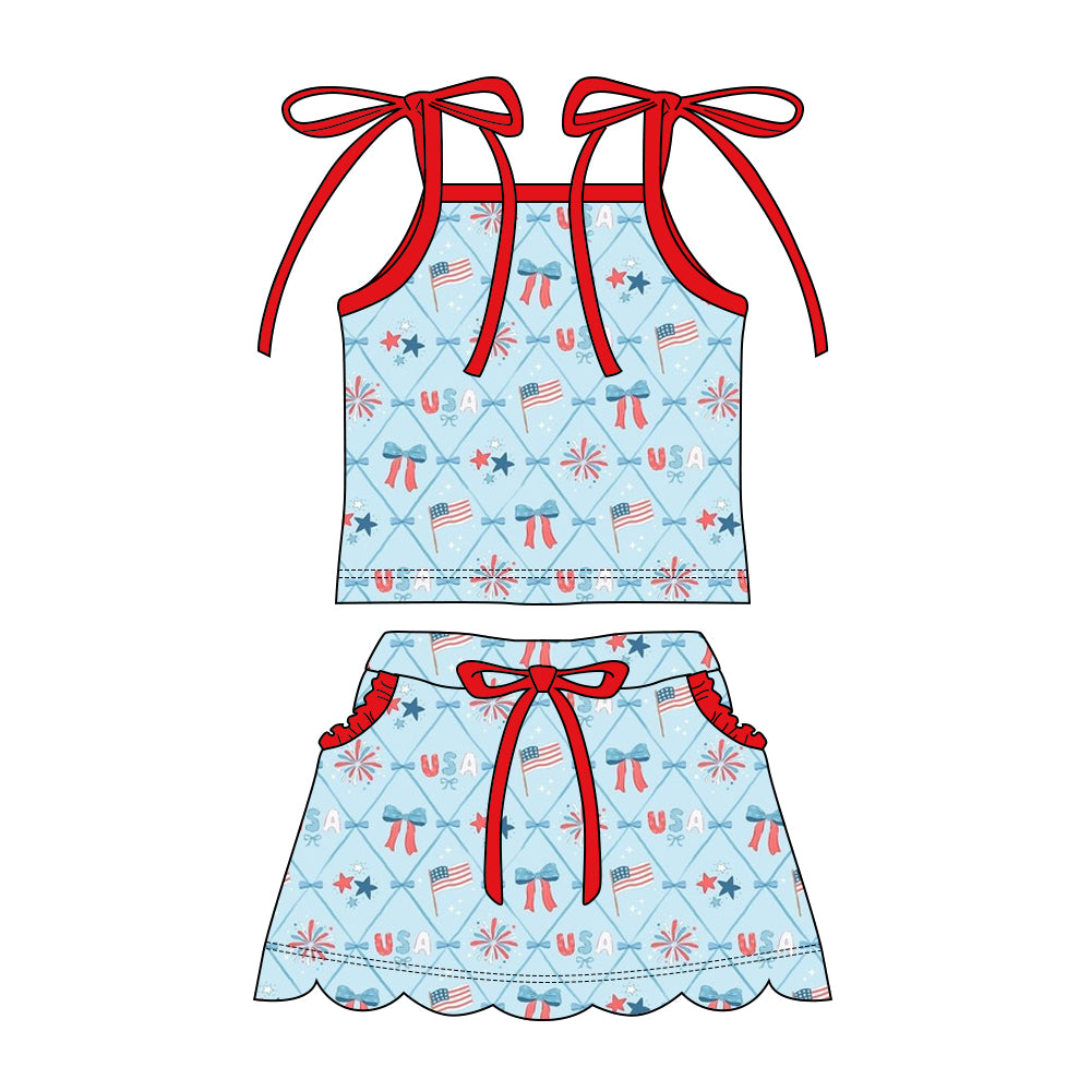 Preorder moq 5 Baby Girls Strap Flags USA Top Pockets Scallop Skirt Short 4th of July Clothes Sets