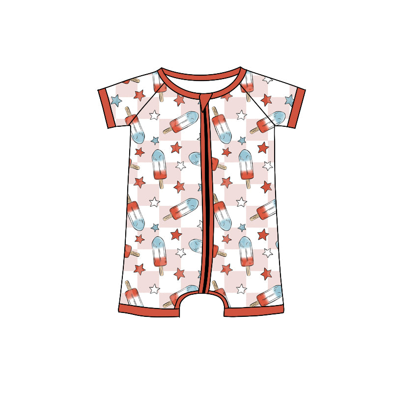 Preorder(moq 5)Baby Infant Girls 4th Of July Popstick Zip Summer Rompers