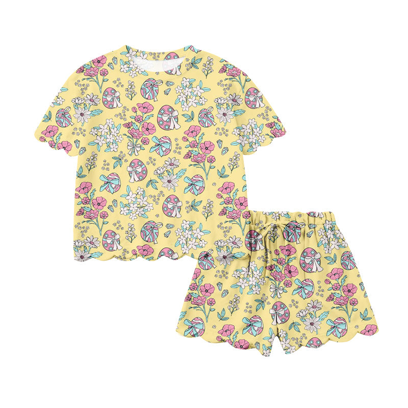 Preorder (moq 5)Baby Girls Colorful Flowers Eggs Top Scallop Shorts Easter Clothes Sets