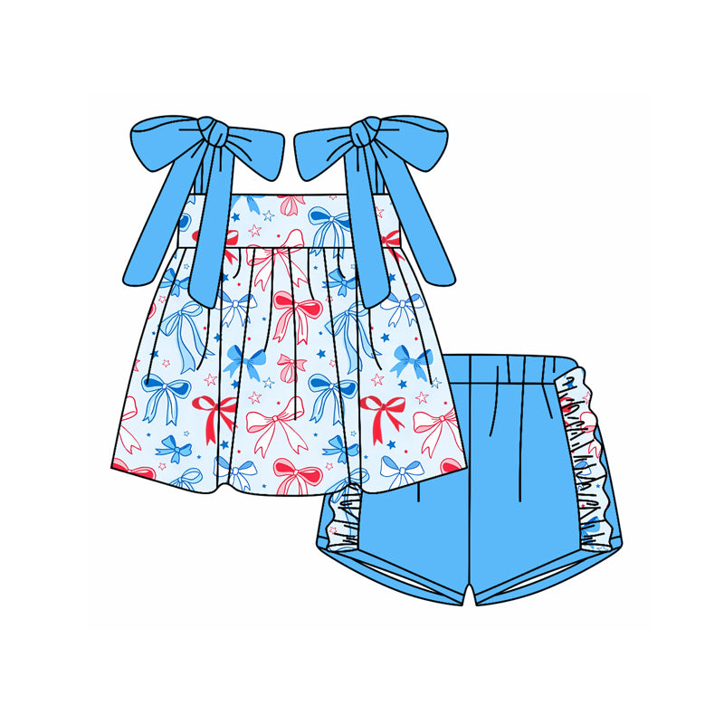 Preorder moq 5 Baby Girls Blue Strap Stars Bows Tunic Ruffle Short 4th Of July Set