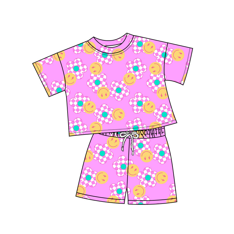 Preorder (moq 5)Baby Girls Pink Flowers Smile Top Shorts Clothes Sets