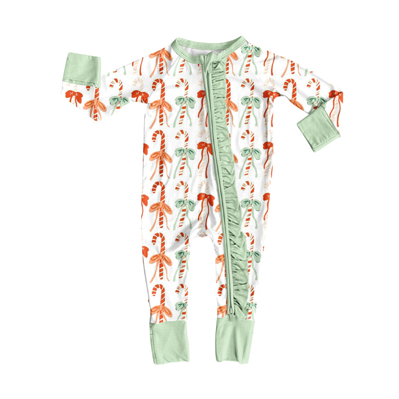 Preorder(moq 5)Baby Girls Christmas Green Bows Zipper Footie Rompers