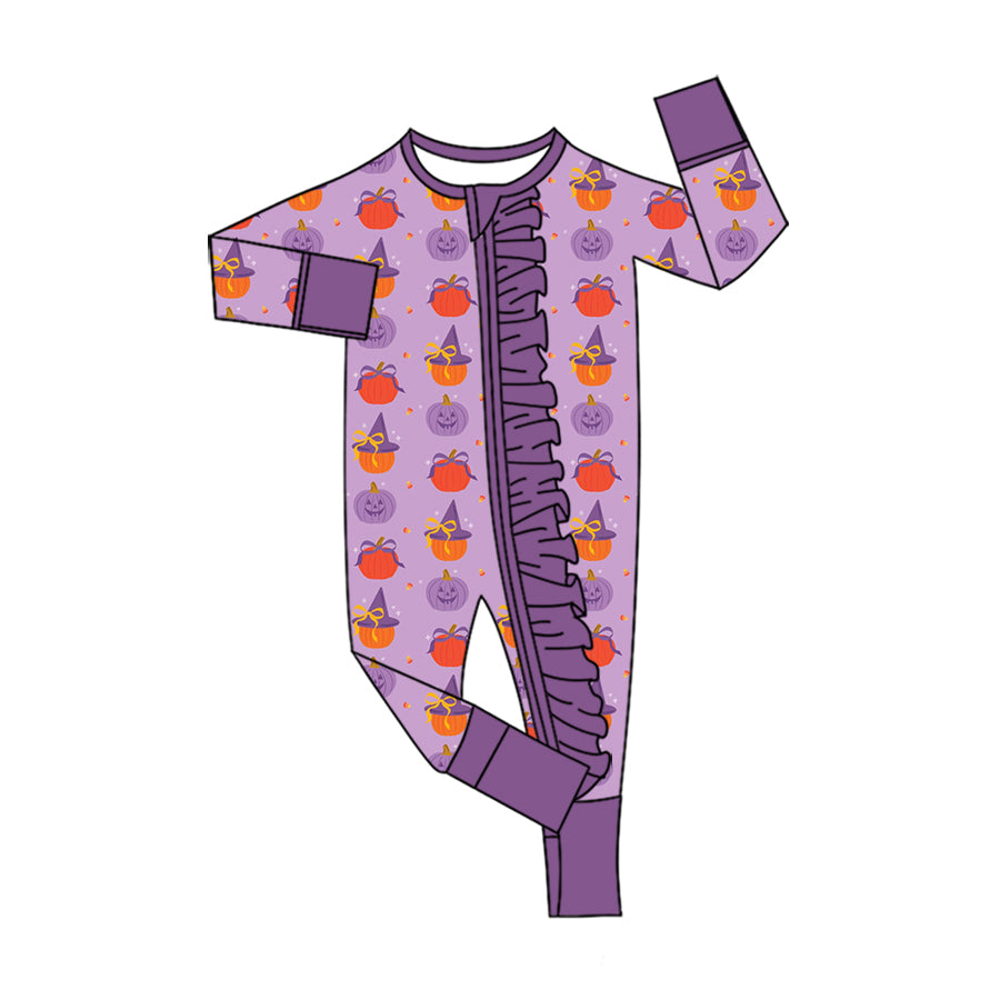 Preorder (moq 5)Baby Girls Bows Ghost Pumpkins Halloween Two Way Ruffle Zip Convertible Rompers