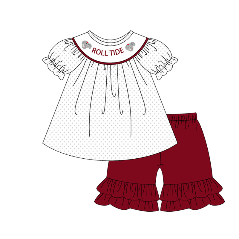Preorder (moq 5)Baby Girls Roll Tide Team Tunic Top Ruffle Shorts Clothes Sets