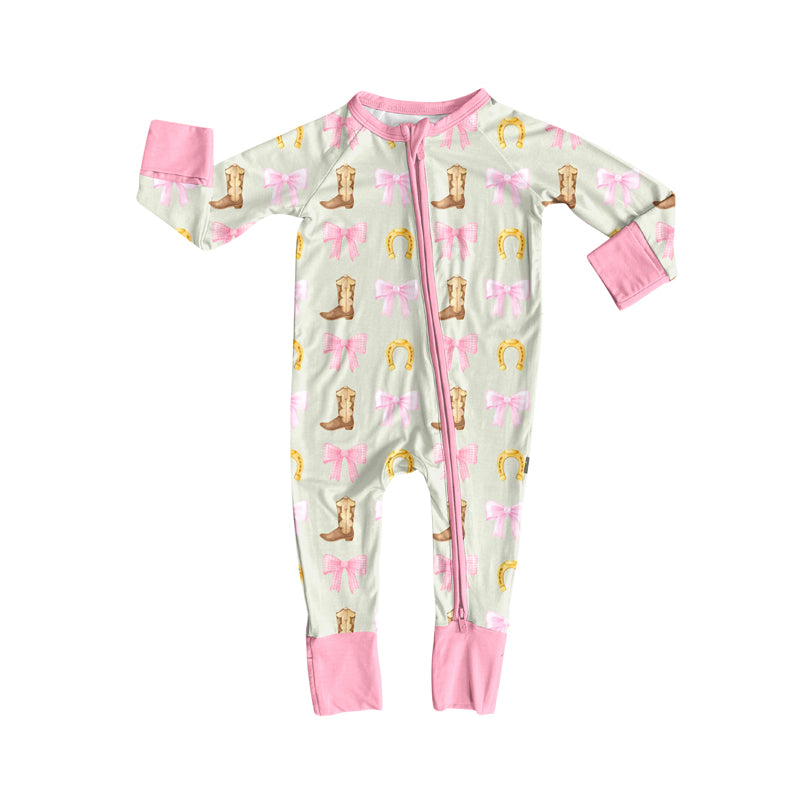 Preorder (moq 5)Baby Girls Long Sleeves Pink Bows Boots Horse Shoes Zipper Romper