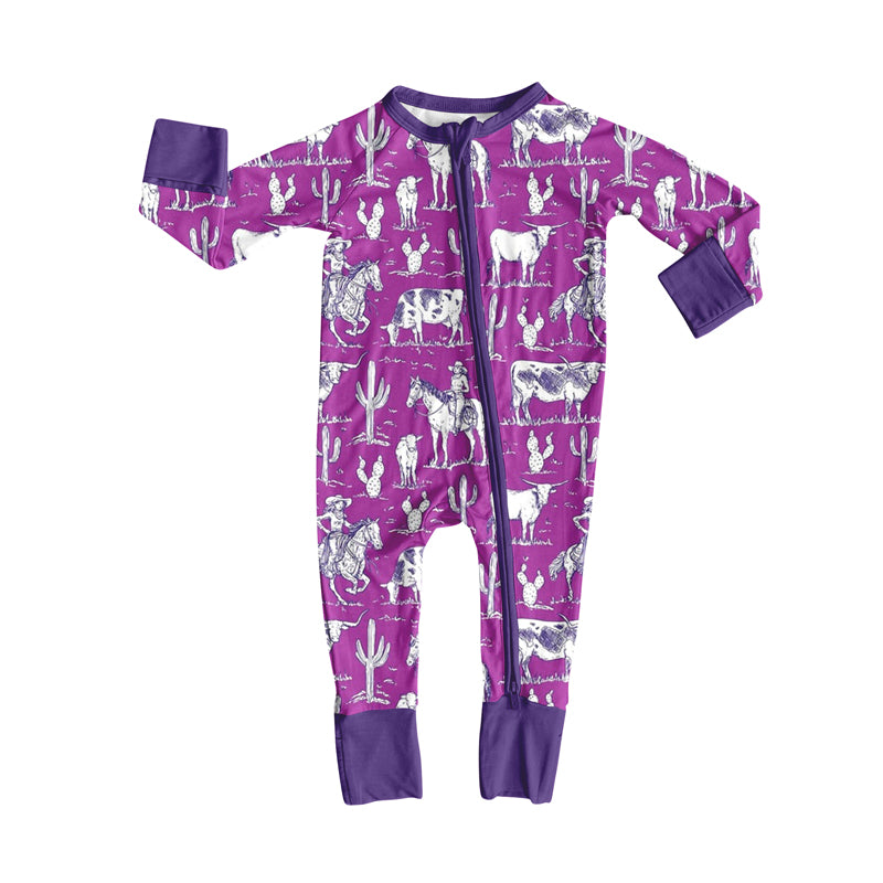 Preorder (moq 5)Baby Boys Cactus Rodeos Cows Western Two Way Zip Convertible Rompers