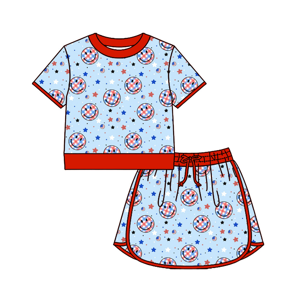 Preorder (moq 5)Baby Girls Red Blue Smiles Stars Top Skirt Shorts 4th of July Clothes Sets