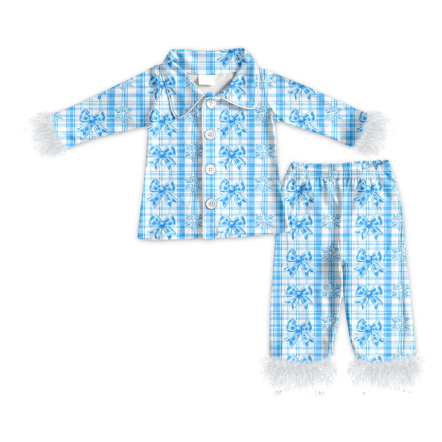 Preorder (moq 5)Baby Girls Long Sleeves With Fur Blue Plaid Bows Button Top Pant Pajamas Set