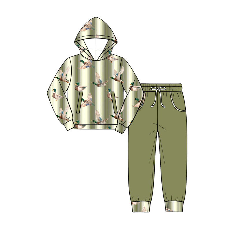 Preorder (moq 5) Baby Boy Clothes Green Stripe Mallard Duck Allover Print Long Sleeve Hoodie Jogger Pant Set