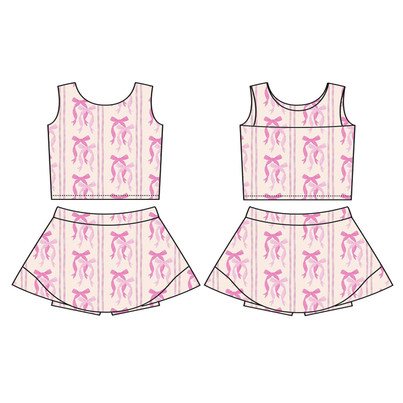 Preorder (moq 5)Baby Girls Pink Sleeveless Bows Stripe Top Skort Yoga Active Set