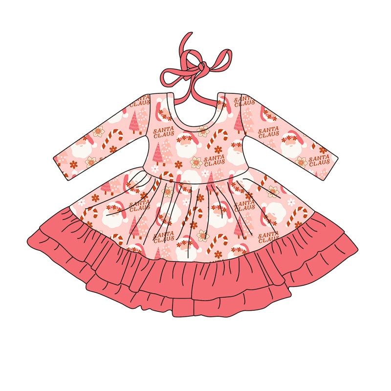 Preorder (moq 5)Baby Girls Long Sleeves Peach Santa Candy Cane Ruffle Knee Length Dress