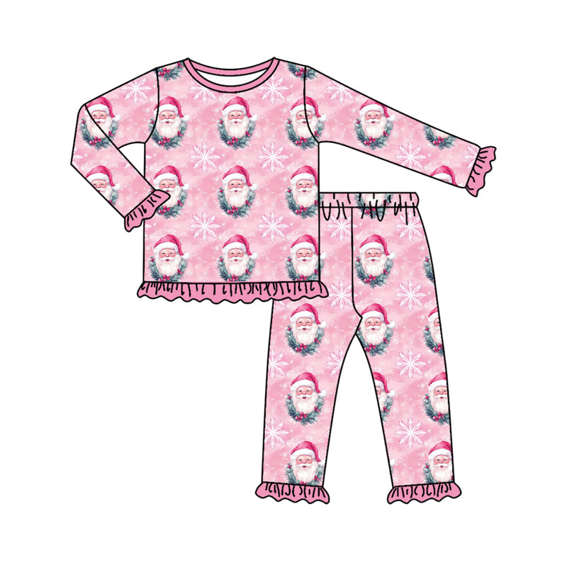 Preorder (moq 5)Baby Girls Pink Santa Snowflakes Top Ruffle Pants Christmas Pajamas Sets