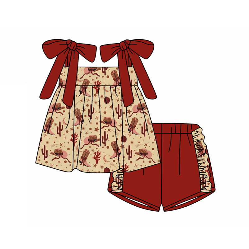 Preorder (moq 5)Baby Girls Red Strap Boots Cactus Tunic Ruffle Shorts Clothes Sets
