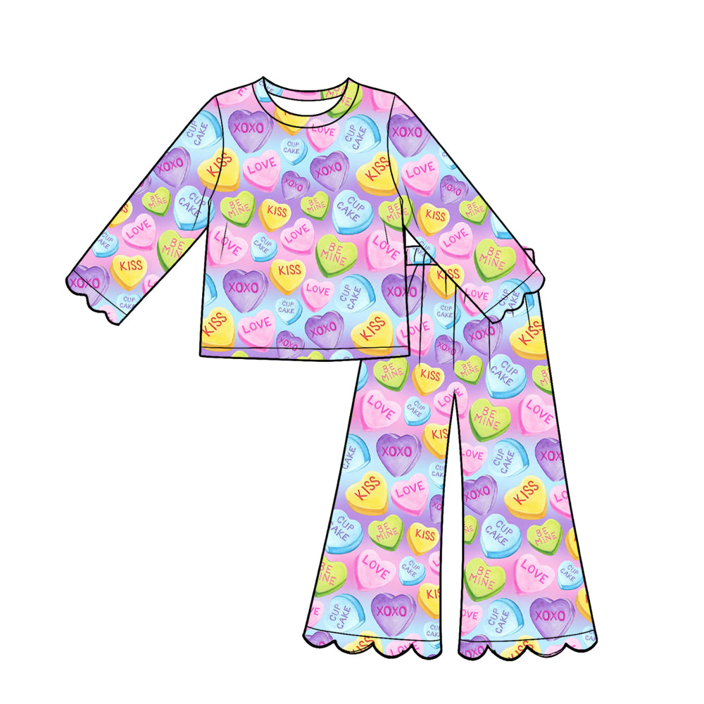 Preorder (moq 5) Girl clothes Pastel Candy Heart Long Sleeve Round Neck Scalloped Flare Pants 2‑Piece Outfit Set