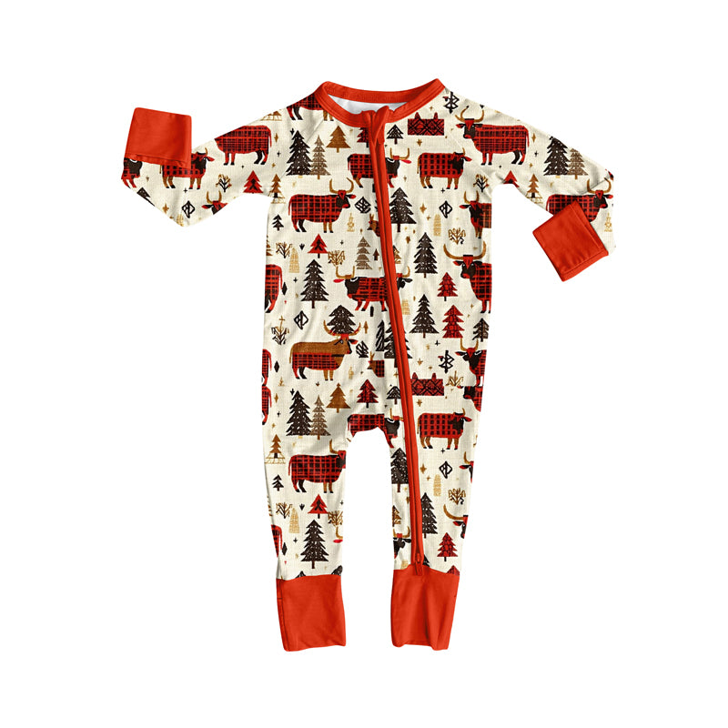Preorder(moq 5)Baby Infant Boys Christmas Trees Cows Zipper Rompers