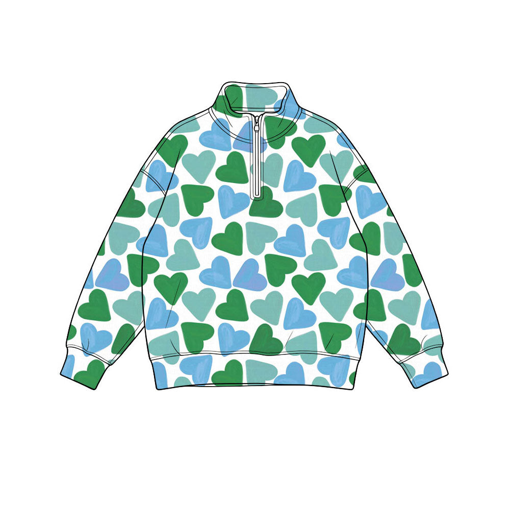 Preorder(moq 5) Baby Girls Long Sleeve Green Blue Hearts Valentines Zip Pullovers Top