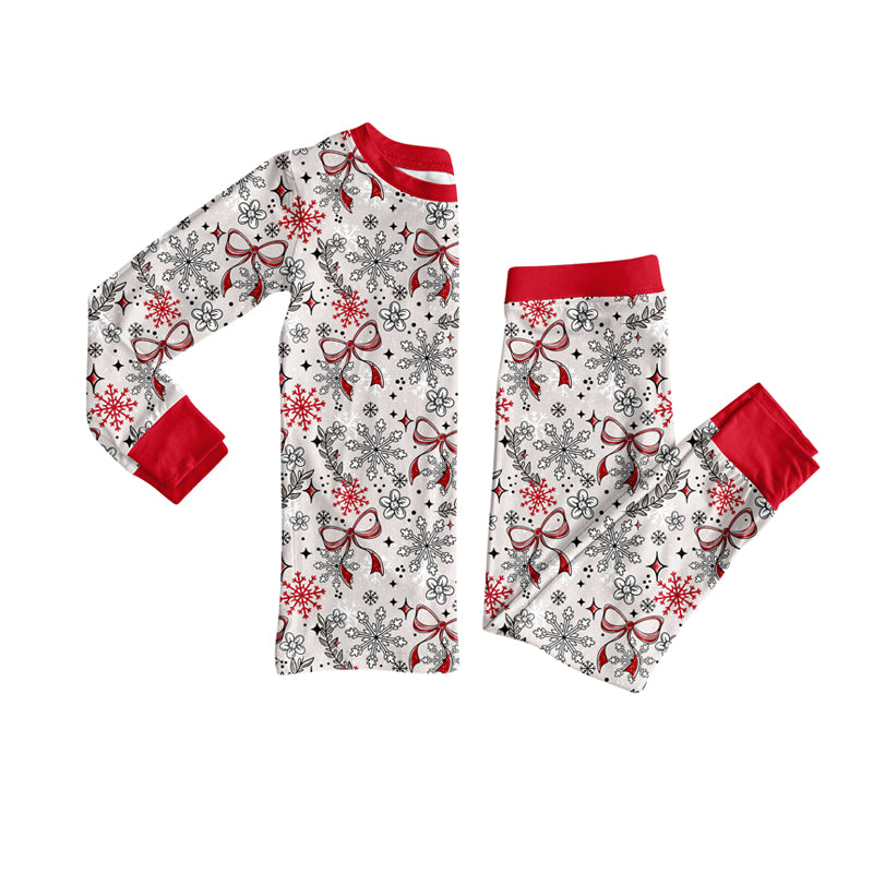 Preorder (moq 5)Baby Girls Long Sleeves Red Bows Snowflake Top Pant Pajamas Clothes Set