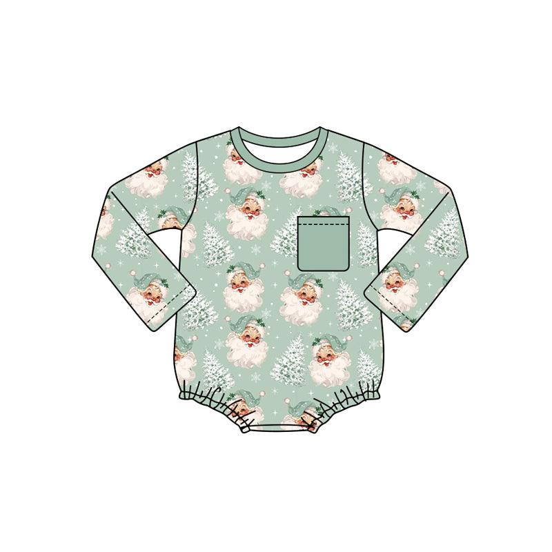 Preorder (moq 5)Baby Girls Green Long Sleeves Pocket Santa Trees Ruffle Rompers