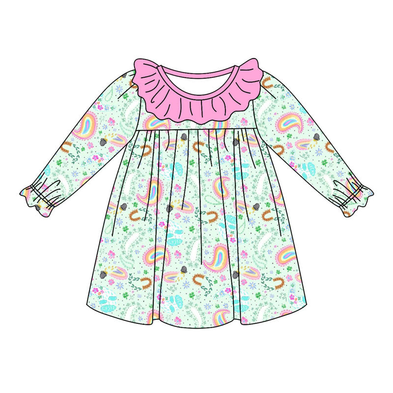 Preorder (moq 5) Baby Girls Long Ruffle Sleeve Colorful Flowers Knee Length Dress